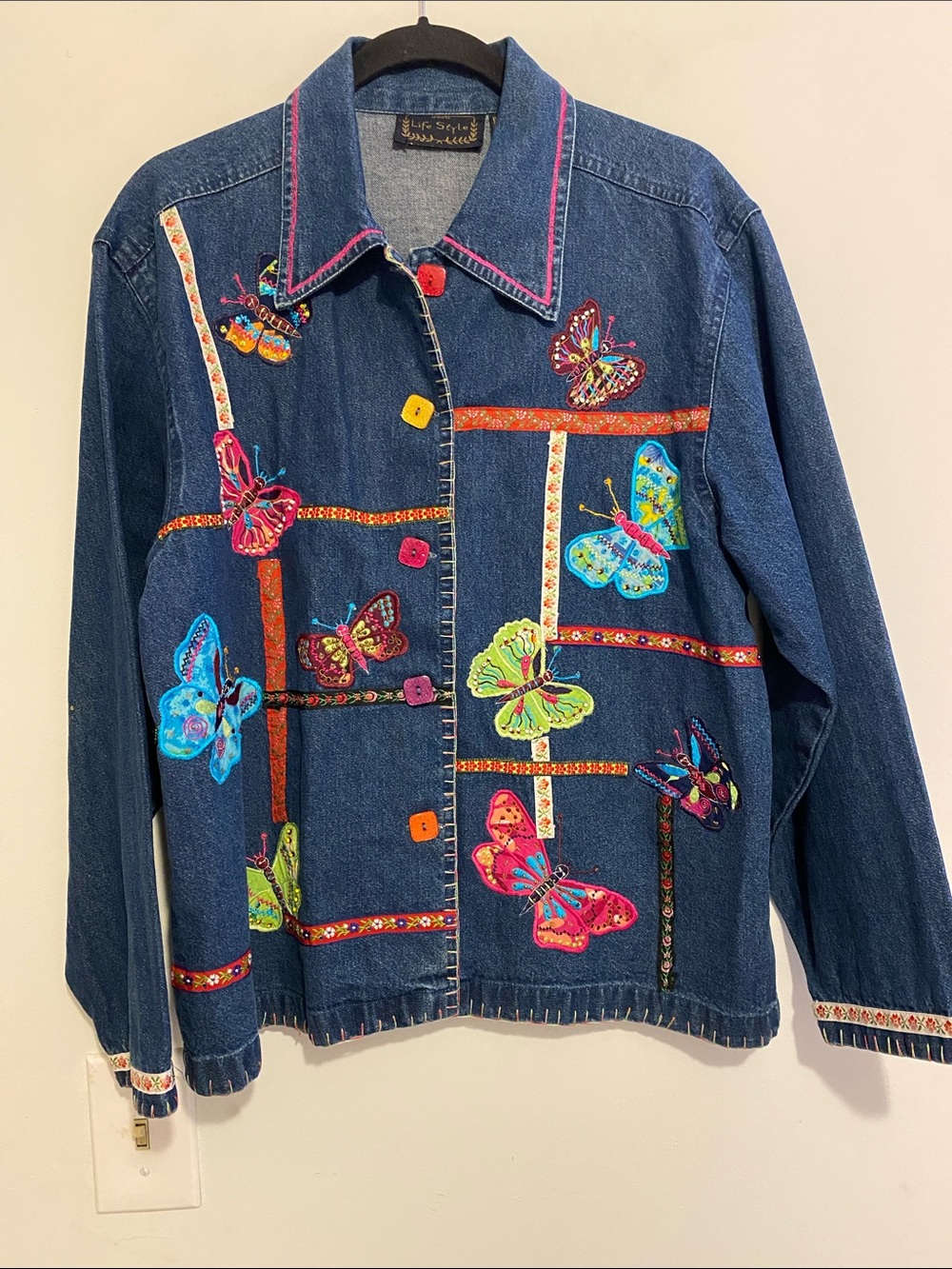 Dark Blue Denim Jacket with Bright Butterfly’s